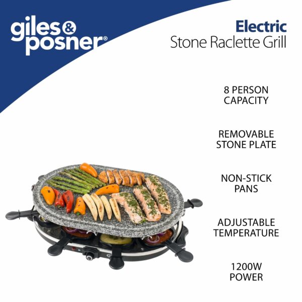 Giles Posner EK1872G Electric Stone Raclette Grill - Indoor Tabletop 8 Person Raclette, Removable Stone Grill Hot Plate