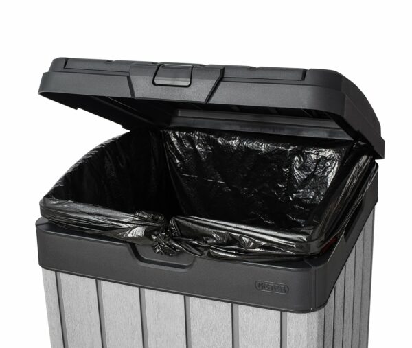Keter Rockford Resin 38 Gallon Trash Can with Lid and Drip Tray for Easy Cleaning-Perfect for Patios, Kitchens, and Outdoor Entertaining, Grey