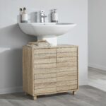 House & Homestyle Penny Under Sink Unit, Floor Standing Bathroom Cabinet, Space Saving Washroom Cupboard Storage Solution, 2 Door Vanity Unit - Oak Effect Slatted Wood Finish (60cm x 60cm)