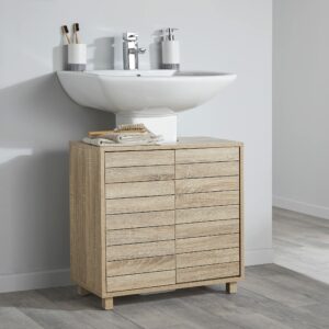 House & Homestyle Penny Under Sink Unit, Floor Standing Bathroom Cabinet, Space Saving Washroom Cupboard Storage Solution, 2 Door Vanity Unit - Oak Effect Slatted Wood Finish (60cm x 60cm)