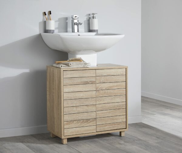 House & Homestyle Penny Under Sink Unit, Floor Standing Bathroom Cabinet, Space Saving Washroom Cupboard Storage Solution, 2 Door Vanity Unit - Oak Effect Slatted Wood Finish (60cm x 60cm)
