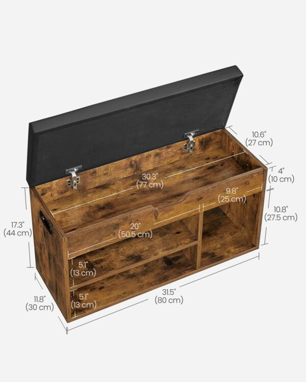 Vasagle Shoe Bench with Cushion, Storage Bench with Padded Seat, 3 Compartments, Hidden Storage, Shelves