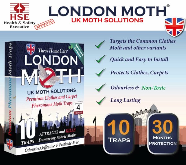 LONDON MOTH KILLER 10 (TEN) Premium Sticky Pheromone Moth Traps for the Common Clothes Moth and Similar Variants, for Wardrobes, Clothes and Carpets. inc. eBook