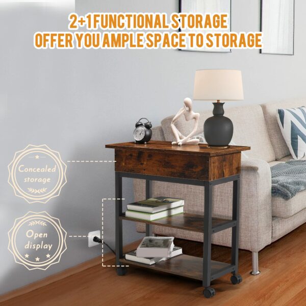 Lift Top End Table with Charging Station, Mobilizable Narrow Side Table with Storage Shelf and USB Ports