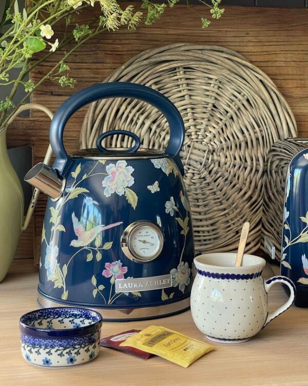 Laura Ashley Elveden Navy Cordless Electric Kettle By VQ, Stainless Steel Kettle With Capacity of 1.7 Litre, Energy Efficient 3KW Fast Boiling Technology With Boil Dry Protection & Temperature Gauge