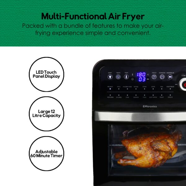 EMtronics Air Fryer Oven Combi, Rotisserie and Grill, Large Family Size 12L with 16 Pre-Set Menus for Oil Free Cooking – Black