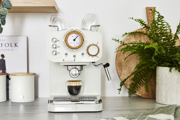 Swan Nordic Espresso Coffee Machine SK22110WHTN with Milk Frother, Steam Pressure Control, 1.2L Detachable Water Tank, 1100W, Nordic Cotton White