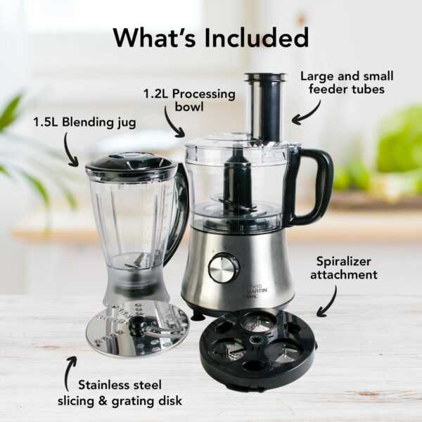 Wahl James Martin Food Processor Compact with Spiralizer, 500 W, 1.5 Litre with Spiralizer Electric, Ice Crushing 1 L Blender, Blade/ Slicing and Grating disc, 2.3 Kgs