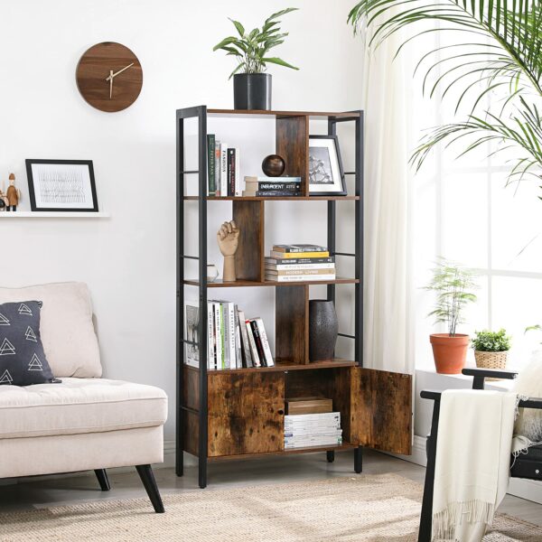 Vasagle Bookshelf, Storage Shelf, Large Bookcase with Doors, 4 Shelves, Stable Steel Structure, Industrial Style