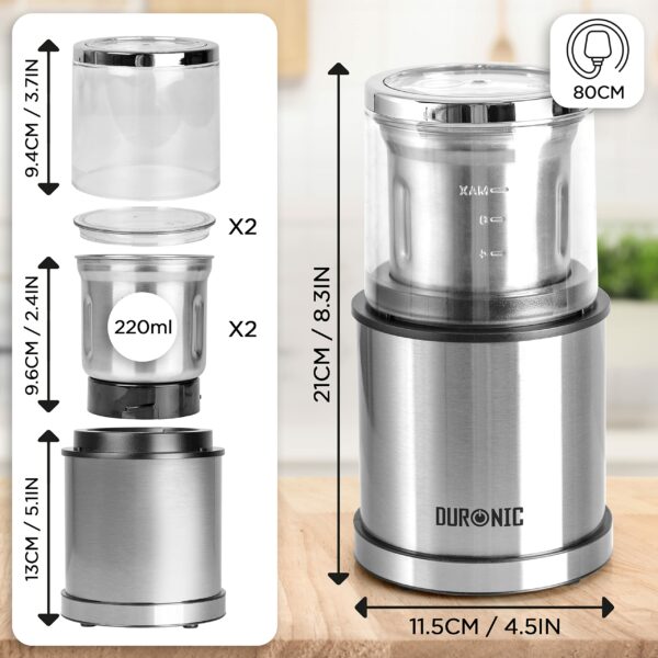 Duronic Electric Blade Coffee Grinder CG421, 2 in 1 Spice Grinder Kitchen Machine, Wet & Dry Grinding Mini Mill Hopper, 75g/220ml, 200W, 2X Stainless Steel Cups for Beans, Herbs, Nuts
