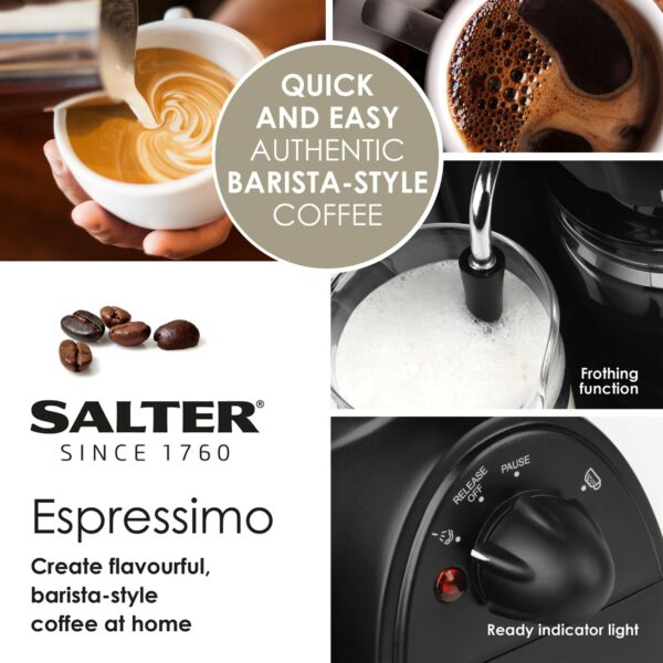 Salter EK3131 Espressimo Coffee Machine – 4-Shot Espresso Maker, Milk Frothing Wand, Includes 240 ml Glass Carafe, Barista Style Latte And Cappuccino, 5-Bar Pressure, Stainless Steel Filter, 870W