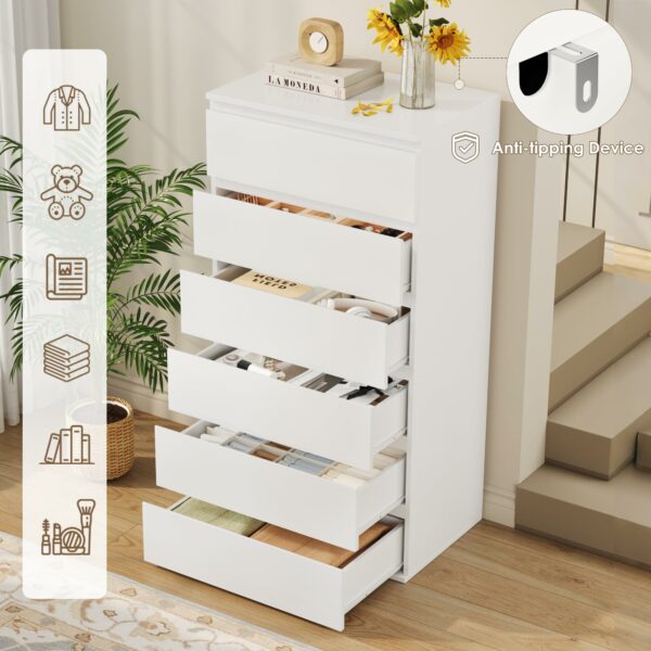Forehill Chest of Drawers with 6 Drawers 119cm Tall Storage Cabinet White Chest of Drawers Dresser Wooden Cupboard for Bedroom Living Room 60x40x119cm