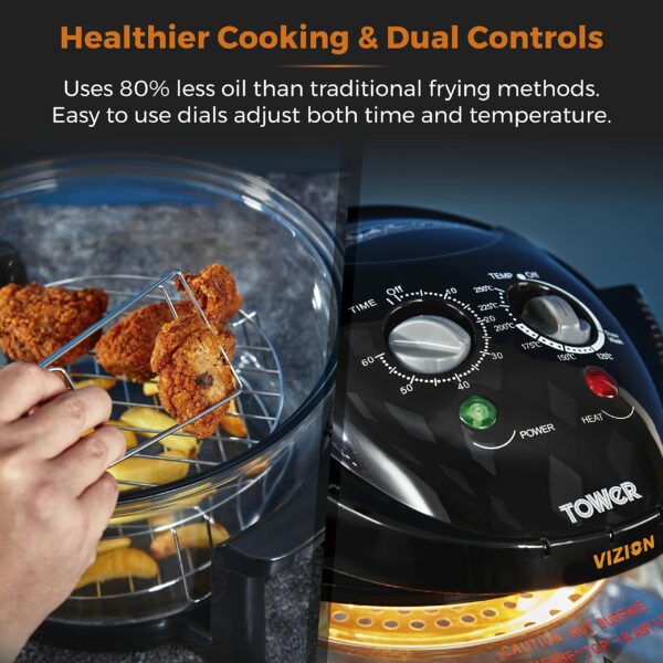 Tower T14048 Vizion Halogen Airwave Low Fat Air Fryer, 1400 W, 17 Litre Capacity with Extender Ring, Black