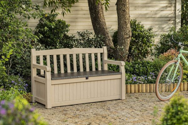 Keter Eden Bench 265L Outdoor 60% recycled Garden Furniture Storage Box Beige Brown Wood Panel Effect