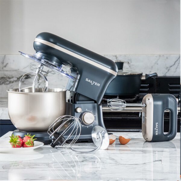 Salter Marino Baking Stand Mixer - 6 Speed Kitchen Mixer With Pulse, 5L Stainless Steel Mixing Bowl, Removable Splash Guard, Whisk, Dough and Beater Attachment, 1200W, Blue/Grey