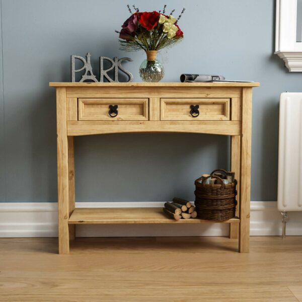 Console Table, 2 Drawer With Shelf, Rectangular, Waxed Solid Pine Wood, Traditional, Rustic, 31 x 83 x 70