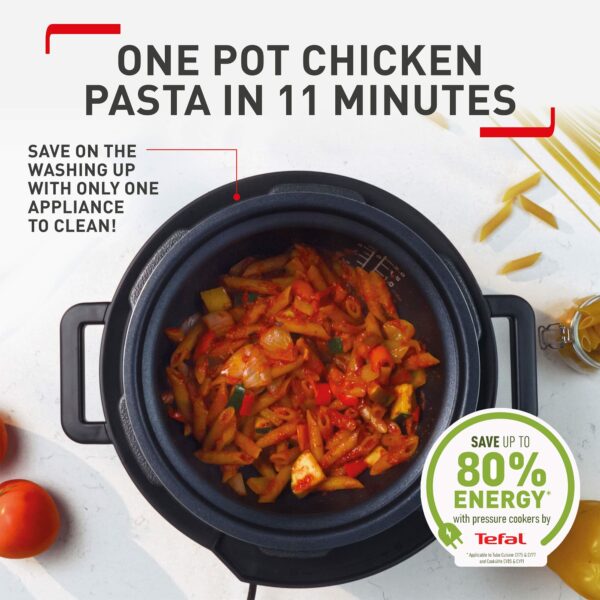 Tefal Turbo Cuisine Electric Pressure Cooker, 10 Programmes inc. stew, steam, bake, slow cooker, Rice cooker, 4.8L, 1000 W, Plastic, Black, CY754840