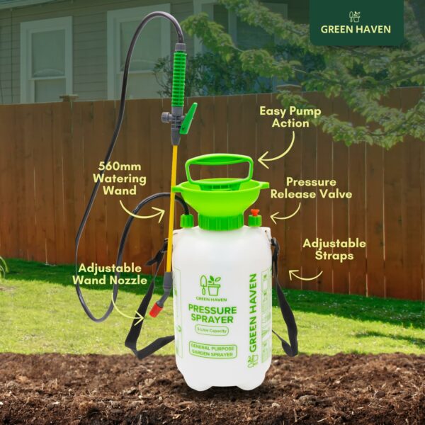 GREEN HAVEN 5 Litre Pump Action Pressure Sprayer - Pump sprayer with Adjustable & Carrying Strap, High-Pressure Spray for Weed Killer Pesticides Fungicides Cleaning