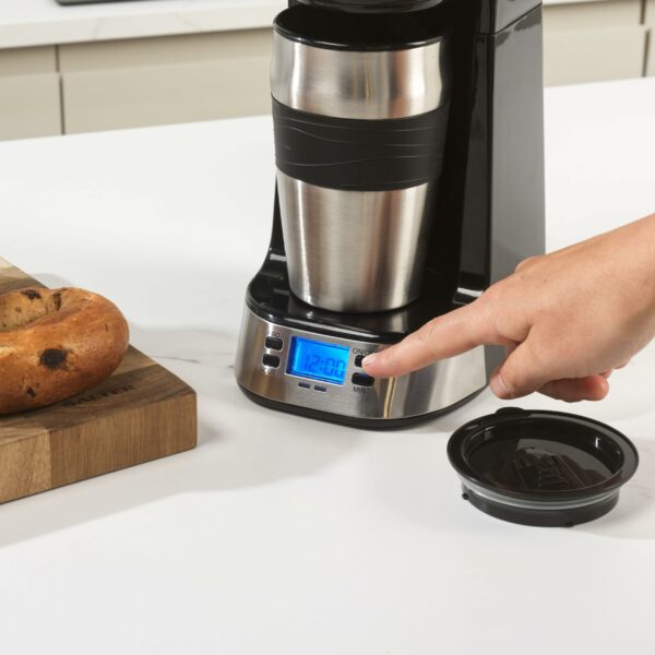 Salter Digital Coffee Maker – One Cup Filter Coffee Machine, Washable & Reusable Filter, Includes 420ml Stainless Steel Travel Mug, 3-4 Minutes Brewing, Suitable For Ground Coffee / Pads, Timer, 750W