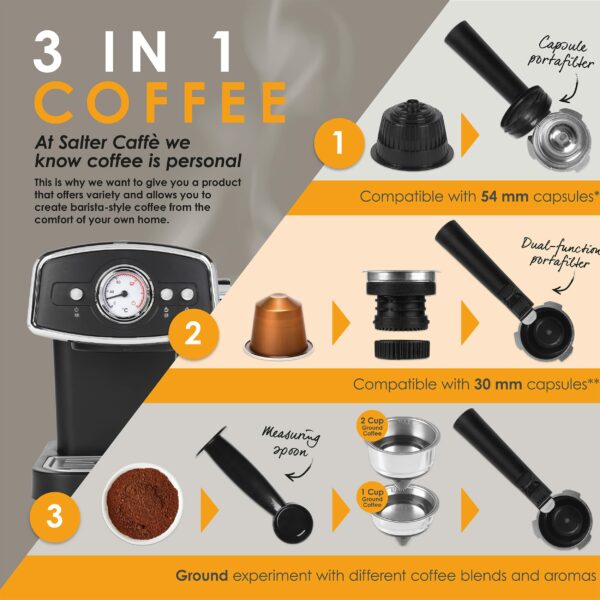 Salter EK4620 3 in 1 Barista Deluxe Coffee Machine,Compatible with 30/54 mm Capsules and Ground Coffee,Espresso and Cappuccino Maker with Milk Frothing Wand, 19-Bar Italian Pressure Pump,1050 W,Black