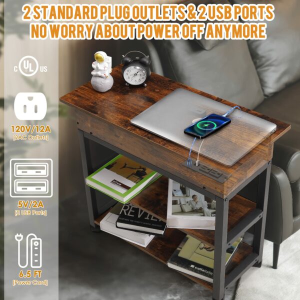 Lift Top End Table with Charging Station, Mobilizable Narrow Side Table with Storage Shelf and USB Ports