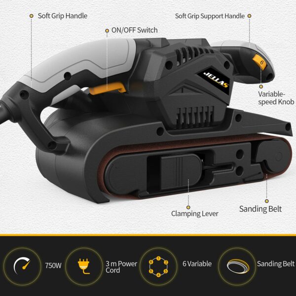Jellas Belt Sander, 750W Electric Sander, with 10Pcs Sanding Belts and Dust Bag, Bench Sander with Variable-Speed Control, 2 in 1 Vacuum Adapter, 10 Feet (3 Meters) Length Power Cord