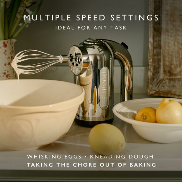 Dualit Hand Mixer Chrome - 400W - Strong Grip Handle - Attachments Included - Integral Plug Storage - 4 Speed Settings - Repairable gears - Flat Beaters, Dough Hooks, Balloon Whisk