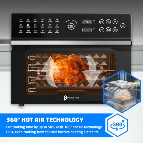 BridgePro 30L Digital Air Fryer Oven With Rotisserie Full Accessory Set - XL Family Sized 18 in 1 Dual Cook Smart Dial 360° Hot Air Circulation Time & Temp Controlled Fast Cooking 1800W