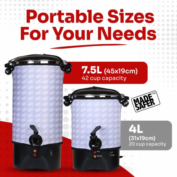 Made Safer - Hot Water Urn, Boiling Dispenser for Tea & Drinks, Low Energy & Versatile Boiler, Designed in the UK, 7.5L (40 Cups)