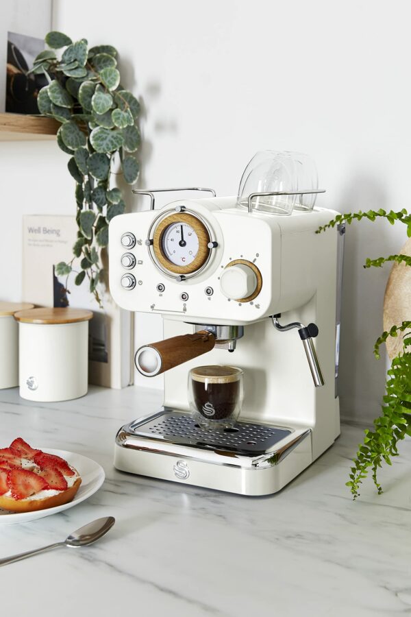 Swan Nordic Espresso Coffee Machine SK22110WHTN with Milk Frother, Steam Pressure Control, 1.2L Detachable Water Tank, 1100W, Nordic Cotton White
