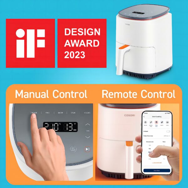 COSORI Air Fryer, 3.8L with 7 Customize Functions, Up to 230℃, 1500W, 1-3 Portions, Oven with App Control, 110+ Online Cookbook, Dishwasher Safe, White