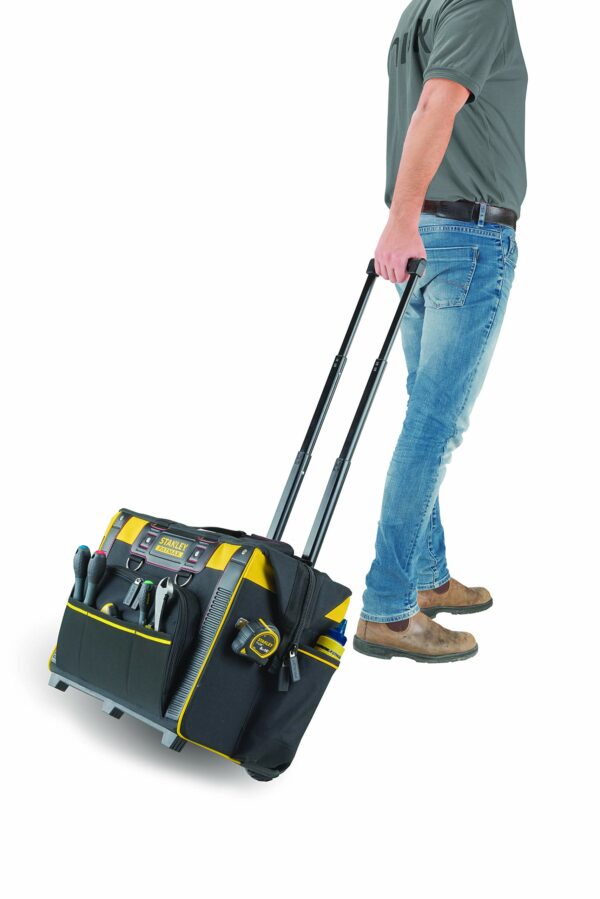 Stanley Fatmax Open Mouth Rolling Rigid Tool Bag Trolley, Multi-Pockets Storage Organiser, FMST1-80148, Black