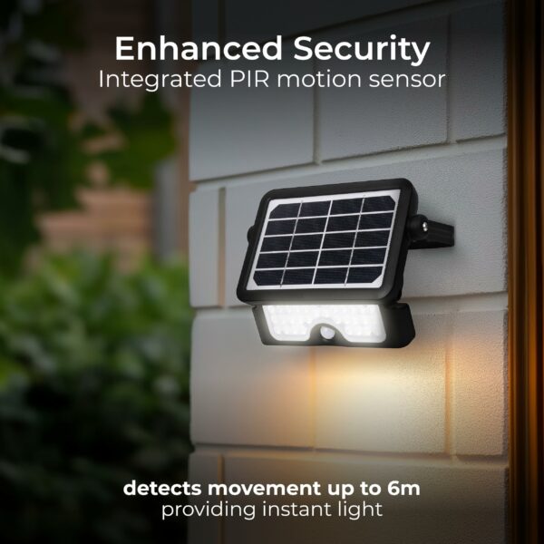 Luceco Solar Powered LED Outdoor Floodlight with PIR Motion Sensor, Security Light, Exterior Lighting, Angular Design, Adjustable, Guardian, Black, IP65, 5W, 550lm, 4000K, LEXSF6B40