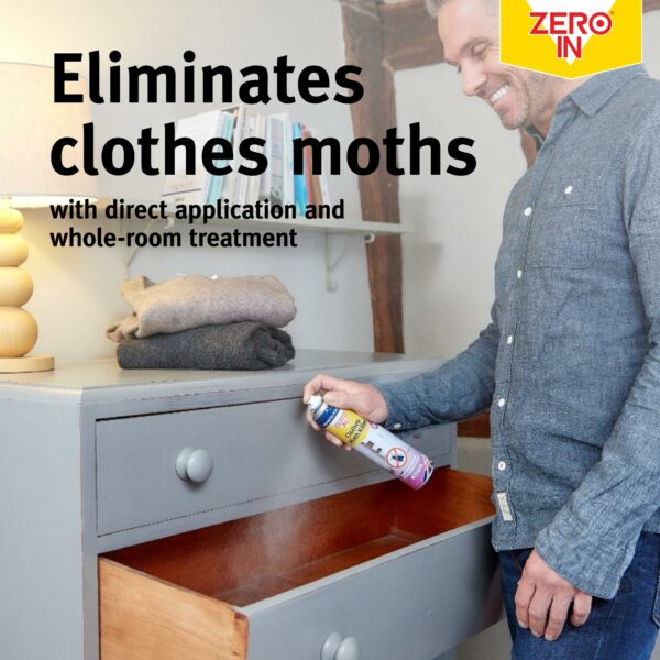 Zero In Clothes Moths Killer Spray- Fast-Acting Insecticide with Prallethrin & 1R Trans Phenothrin - Kills Moths on Contact - For Wardrobes, Textiles & Clothes - Long-Lasting Moth Spray, 300ml Aerosol