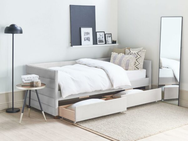 Beliani Velvet Daybed EU Single Size with Slatted Frame and Drawers Light Grey Marray