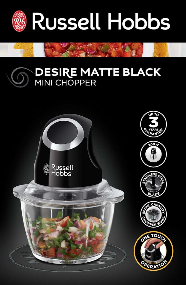 Russell Hobbs Desire Electric Fruit & Vegetable Mini Chopper, 1L glass bowl with 500ml food capacity & storage lid, Dishwasher safe parts, Stainless Steel blades, One touch operation, 200W, 24662