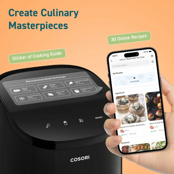 COSORI Small Air Fryer, 2L, Led Touch-control Display, 900W, 53% Faster, Nonstick and Dishwasher Safe, 30 Online Recipes, Low Noise, 97% Less Oil, Black