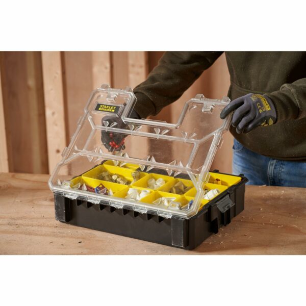 STANLEY FATMAX Waterproof 10-Compartment Deep Professional Tool Organiser, Removable & Stackable Deep Storage Cups with Transparent Lid, for Small Parts and Tools Storage, 1-97-521
