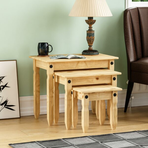 Nest Of Tables, End Table, Rectangular, Waxed Solid Pine Wood, Traditional, Rustic, 28.5 x 60 x 50