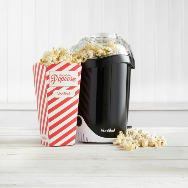 VonShef Popcorn Maker – 1200W Air Popcorn Machine with Hot Air Circulation, One Touch Operation, Movie Night Accessories, Healthy & Oil Free Snack Maker for Kids with 6 Boxes - Black