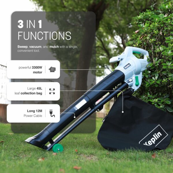 Keplin 3-in-1 Leaf Blower, Garden Vacuum & Mulcher - 3500W, 35L Collection Bag for Easy Clearing of Leafs, Debris & Waste in Garden, Patio & Drive with 10 Meter Cable, Shoulder Strap & Wheels