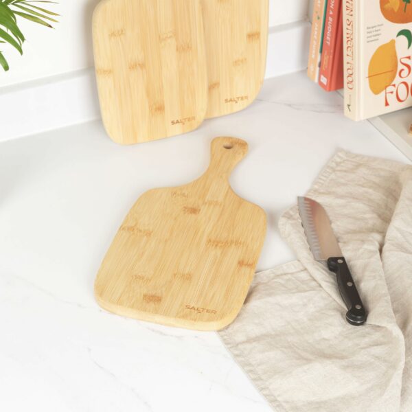 Salter Wooden Chopping Boards - 3 Piece Bamboo Chopping Board Set - 30cm, 35cm, 45cm, Chop, Cut & Carve Meat, Vegetables, Cheese & Bread, Protects Worktops, Paddle Handles With Hooks, BW06732EU7