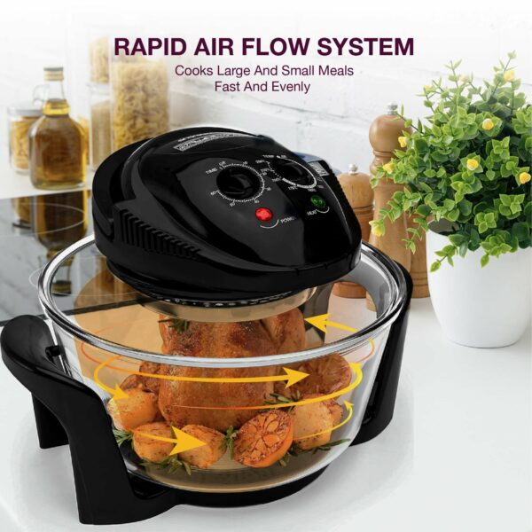Andrew James Halogen Oven Cooker 12l – 17l 1400W | Glass Air Fryer with Turbo Wash and Included Accessories | Halogen Oven Cooker with Extender Ring & Replacement bulb (BLACK)
