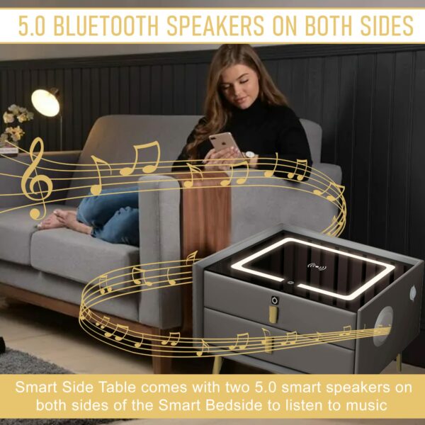 Smart Bedside Table With Smart Fingerprint Lock, 5.0 Bluetooth Speakers, 2 Drawers, Double-Layer Countertop & Built-in Three-Tone Lights, Smart Bedroom Nightstand with Wireless Charging