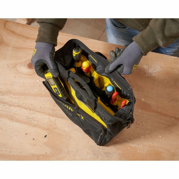 Stanley Tool Bag 30 x 25 x 13 cm in Resistant 600 x 600 Denier with 8 Interior 2 Exterior Pockets and Reinfored Base 1-93-330, Black, 12"