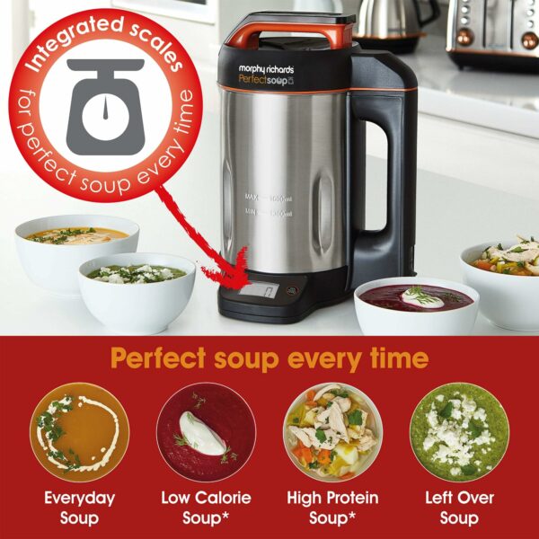 Morphy Richards Perfect Soup Maker with Integrated Scales, 1.6L, Easy Clean Setting, Keep Warm, Smooth, Chunky & Smoothie/Blend, LED Display, Overfill Sensor, 1000W, Stainless Steel, 501025.