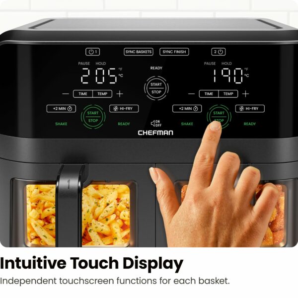 CHEFMAN 5.6L Dual Air Fryer Oven, Dishwasher Safe Frying Baskets, Double Air Fryer with Sync Finish, Hi-Fry, Auto Shutoff and Easy View Windows, Black