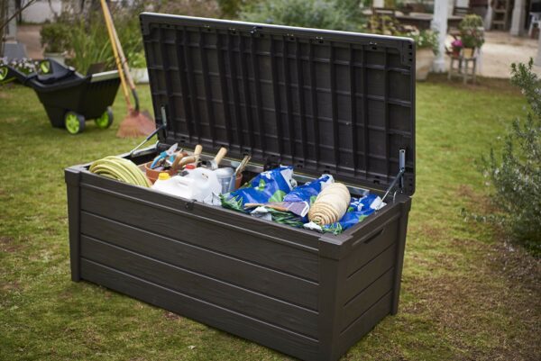 Keter Brightwood 454L Outdoor 60% recycled Garden Furniture Storage Box Brown Wood Panel Effect Fade Free All Weather Resistant
