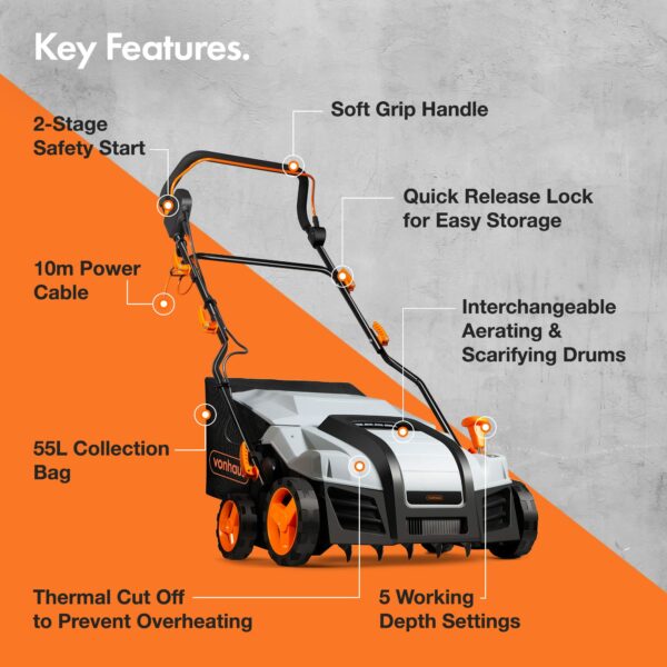 VonHaus Lawn Scarifier, Grass Rake, Aerator 1800W – Electric, 10m Cable, 55L Collection Box, 5 Depth Settings, 38cm Working Width