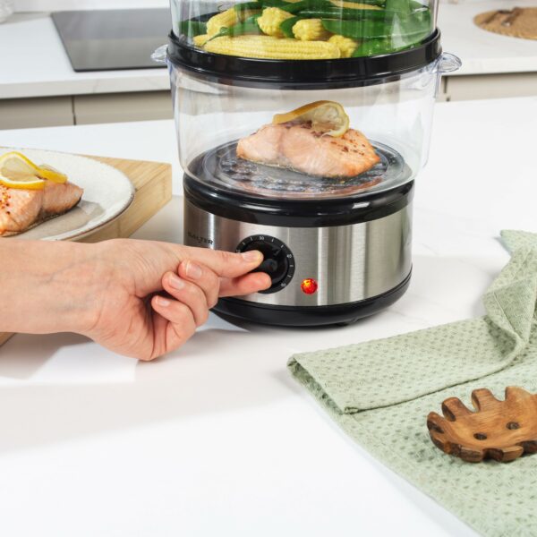 Salter 3 Tier Electric Food Steamer - 7.5L, Stackable Steaming Baskets, Dishwasher Safe, BPA Free Includes Rice Bowl, 60 Minute Timer, Compact Storage, Healthy Cooking Vegetables & Fish, 500W, EK2726